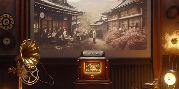 A cozy, retro viewing room with vintage decor, featuring a classic projection screen and nostalgic film elements.