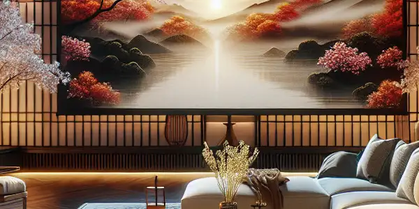 A luxurious viewing room with abstract art, plush couches, and Japanese aesthetics, evoking intimacy and exclusivity.