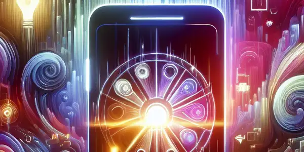 A vibrant, abstract digital landscape featuring a glowing smartphone surrounded by colorful data streams and cinematic elements.