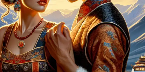 A romantic scene of a man and woman in traditional Tibetan attire, sharing intense glances against a twilight backdrop.