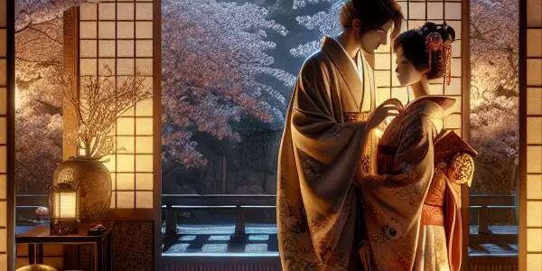 A romantic scene featuring two characters in traditional Japanese attire, sharing a tender moment in a softly lit room.