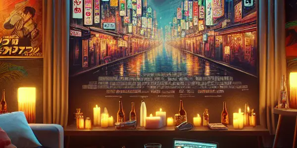 A cozy, dimly lit room featuring vintage movie posters, a large screen, and elements of adult cinema.