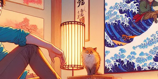 A cozy modern living room with a viewer streaming Japanese adult films on a flat-screen TV.