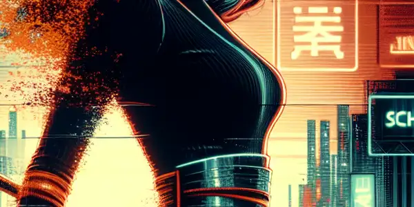 A confident female protagonist in action-ready attire amidst a vibrant urban night scene with cherry blossoms and skyscrapers.