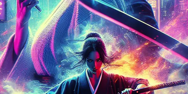 A fierce female martial artist battles a male katana-wielding antagonist in a neon-lit urban setting.