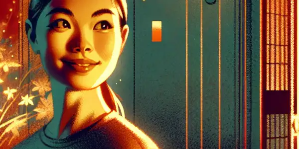 A young adult stands in a dimly lit apartment, gazing curiously at an ajar door, hinting at mystery and allure.