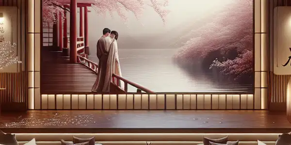 A modern viewing room featuring plush seating, ambient lighting, and a romantic movie still, adorned with Japanese decor.