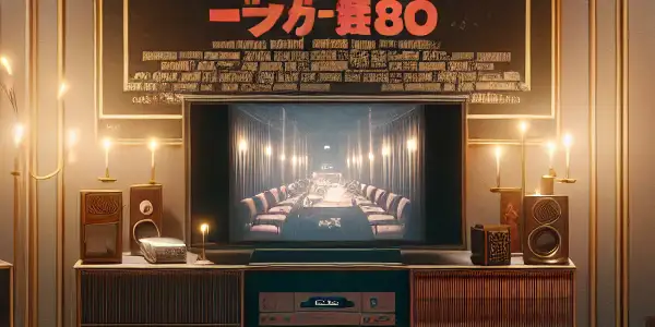 A nostalgic living room scene featuring a vintage film projector, classic movie posters, and cozy decor for viewing retro adult films.