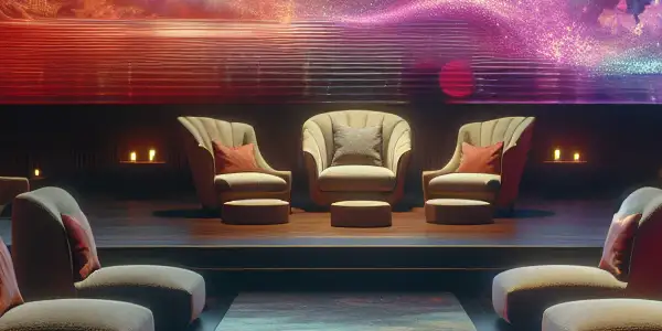 A cozy, dimly lit room with plush furnishings, a large screen, and ethereal graphics symbolizing a smooth, enhanced experience.