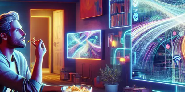 A cozy, high-tech living room with a young adult enjoying a vibrant, immersive viewing experience on a large screen.