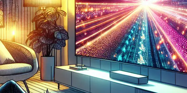 A modern living room with a person lounging, watching vibrant adult content on a large TV, surrounded by stylish decor.