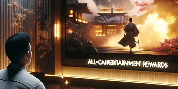 A luxurious home theater featuring an individual enjoying a vibrant Japanese adult film in a cozy, inviting atmosphere.