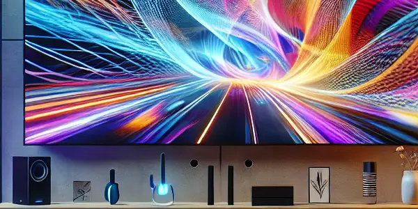 A modern living room with a large TV, stylish furniture, and cozy ambiance, designed for seamless streaming experiences.