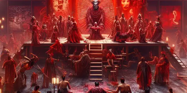 A dramatic Japanese film set featuring actors in dynamic poses, vibrant lighting, and exotic props conveying primal instincts and desire.