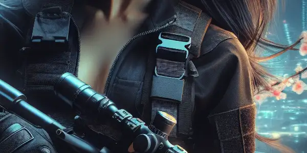 A female sniper in tactical gear, poised with a rifle against a vibrant urban night skyline.