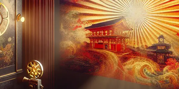 A cozy vintage Japanese cinema with plush seats, an illuminated screen, and intrigued moviegoers enjoying artistic adult film imagery.