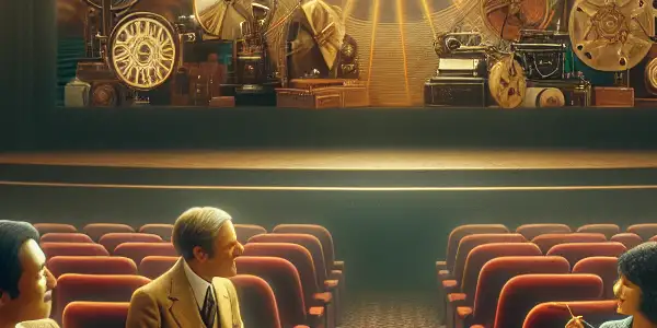 A nostalgic cinema scene featuring diverse film enthusiasts discussing classic Japanese adult films in a vintage setting.