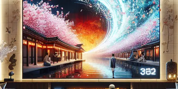 A cozy living room with a sleek TV displaying abstract art, snacks, and a warm, inviting atmosphere.