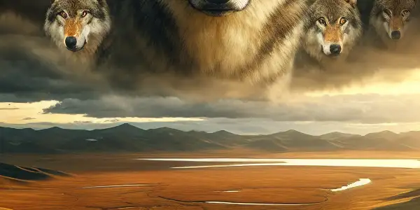 A young man observes a majestic pack of wolves in the sweeping grasslands of Inner Mongolia under a dramatic sky.