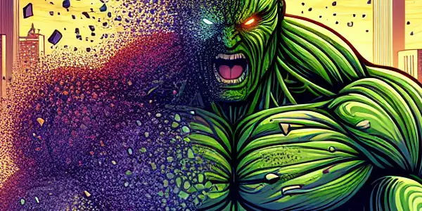 A muscular green superhero transforms dramatically in an urban landscape, surrounded by playful, suggestive elements and a vibrant sunset.