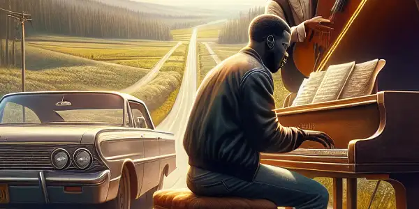 A black pianist plays passionately at a grand piano while a white driver listens on a scenic highway.