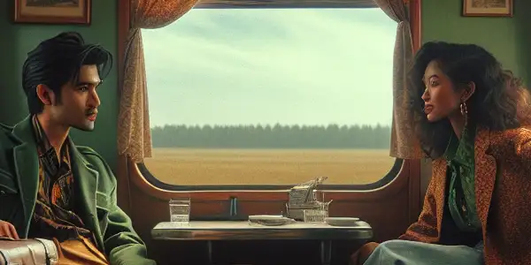 A couple flirts inside a vintage Japanese train car, surrounded by scenic countryside and nostalgic decor.