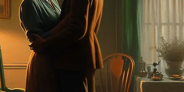 An intimate moment between a middle-aged woman and a young man in a cozy room, highlighted by a green chair.