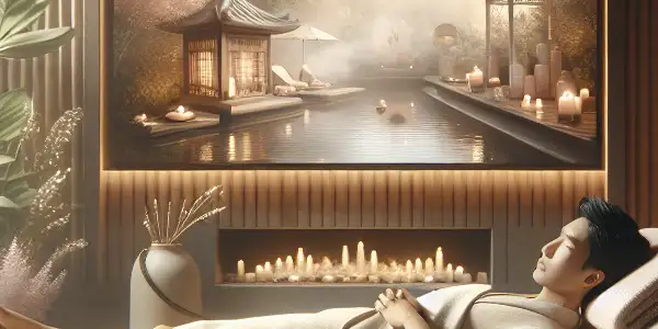 A serene individual relaxes in a luxurious home spa, surrounded by soothing decor and an adult film backdrop.
