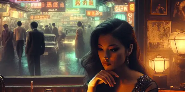 A young woman contemplates her life in a dimly lit retro room, surrounded by vintage film elements and neon lights.