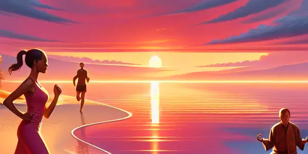 A person looking at a beautiful sunset over a serene landscape.