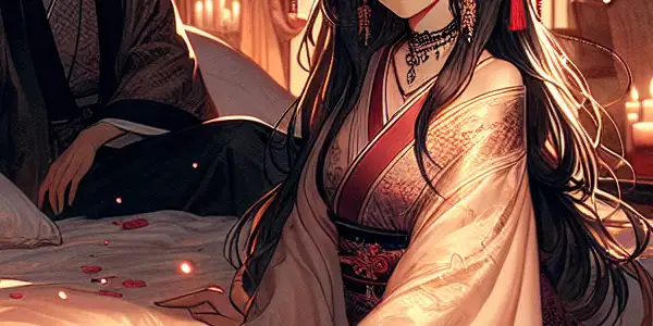 An intimate scene featuring a confident young woman in a luxurious bedroom, surrounded by candles and rose petals.